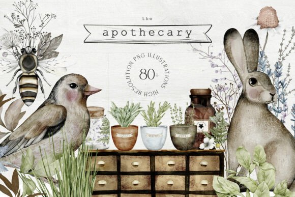 Apothecary Hand Drawn Watercolor PNG: Vintage Charm for Makers