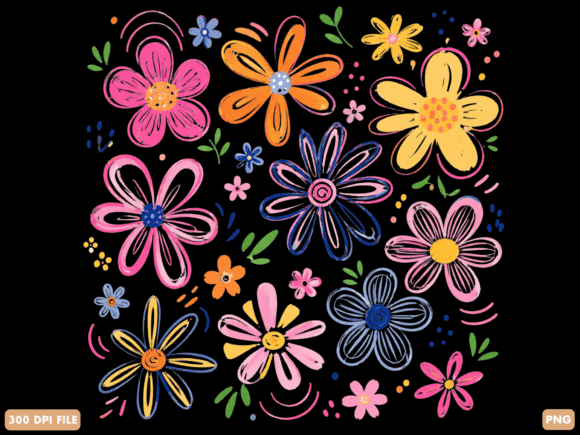 Cute Retro Floral Clipart PNG: Hand Drawn Charm for Modern Design