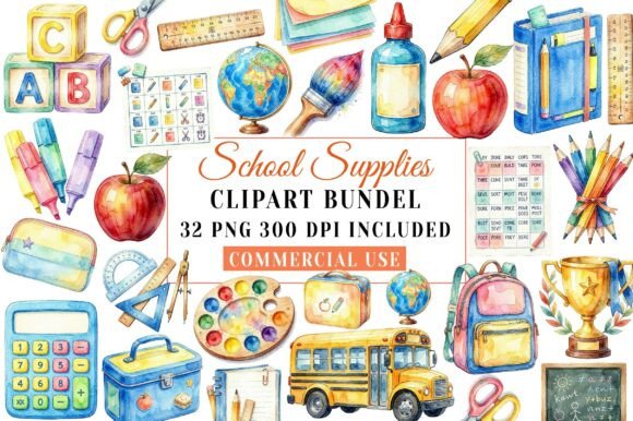 Watercolor School Supplies Clipart for Creative Projects