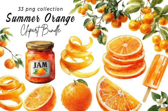 Watercolor Summer Orange Clipart: Vibrant Design Assets